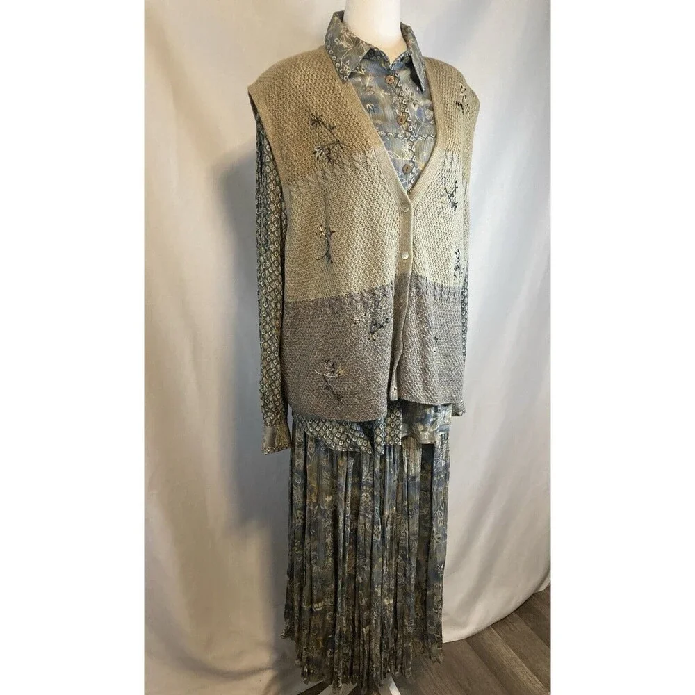 Maxi Skirt Set 3 Piece Womens L Top Blouse Cardigan Vest Skirt Floral Paisley